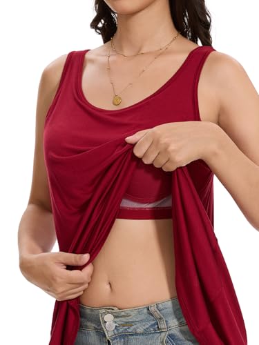 Knuffnee Damen Tank Top mit Integriertem BH Unterhemd Loose Fit Armellose Bluse Shirt Weinrot XL von Knuffnee