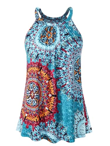 Knuffnee Damen Tank Tops mit Integriertem BH Neckholder Unterhemd Loose Fit Ärmellose Shirt Top Blaue Blumen 3XL von Knuffnee