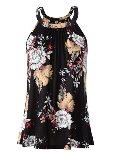 Knuffnee Damen Tank Tops mit Integriertem BH Neckholder Unterhemd Loose Fit Ärmellose Shirt Top Schwarze Blumen L von Knuffnee