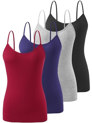 Knuffnee Damen Unterhemden Verstellbare Spaghetti Tops Basic Cami Tank Top 4er Pack Schwarz/Grau/Dunkelblau/Weinrot M von Knuffnee