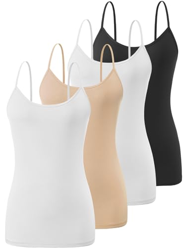 Knuffnee Damen Unterhemden Verstellbare Spaghetti Tops Basic Cami Tank Top 4er Pack Schwarz/Weiß/Beige/Weiß L von Knuffnee