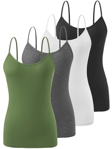 Knuffnee Damen Unterhemden Verstellbare Spaghetti Tops Basic Cami Tank Top 4er Pack Schwarz/Weiß/Dunkelgrau/Armeegrün L von Knuffnee