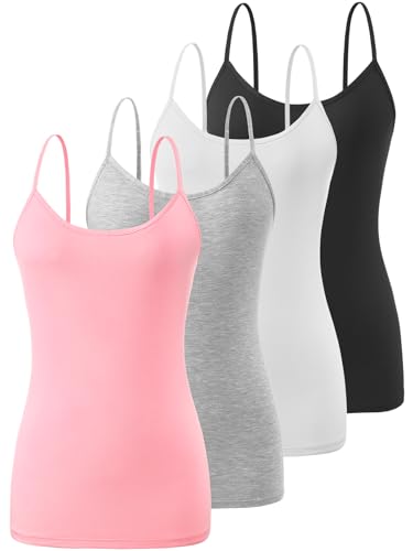 Knuffnee Damen Unterhemden Verstellbare Spaghetti Tops Basic Cami Tank Top 4er Pack Schwarz/Weiß/Grau/Rosa XL von Knuffnee