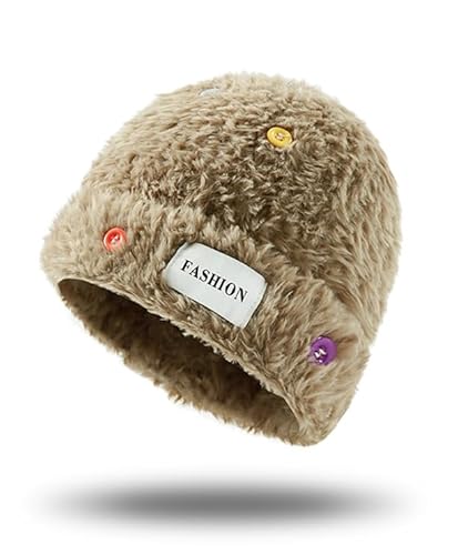 Knuffnee Damen Winter Slouchy Beanie Mütze Warme Plüsch Wintermütze Weiche Flauschige Strickmütze Khaki Knöpfe von Knuffnee