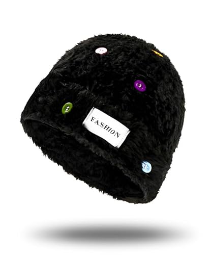 Knuffnee Damen Winter Slouchy Beanie Mütze Warme Plüsch Wintermütze Weiche Flauschige Strickmütze Schwarz Knöpfe von Knuffnee