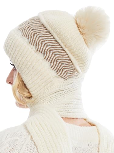 Knuffnee Damen Winter Warme Mütze Winddichter Kapuzenschal Weiche Strickmütze Fleece Gefüttert Mütze Schal 2 in 1 Beige von Knuffnee