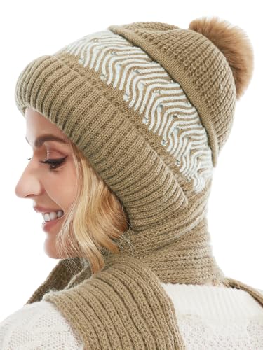 Knuffnee Damen Winter Warme Mütze Winddichter Kapuzenschal Weiche Strickmütze Fleece Gefüttert Mütze Schal 2 in 1 Khaki von Knuffnee
