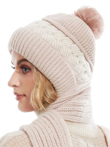 Knuffnee Damen Winter Warme Mütze Winddichter Kapuzenschal Weiche Strickmütze Fleece Gefüttert Mütze Schal 2 in 1 Rosa von Knuffnee