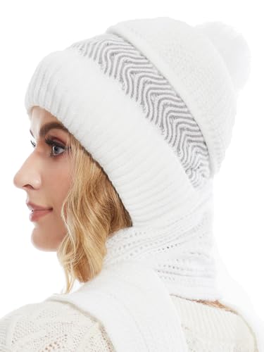 Knuffnee Damen Winter Warme Mütze Winddichter Kapuzenschal Weiche Strickmütze Fleece Gefüttert Mütze Schal 2 in 1 Weiß von Knuffnee