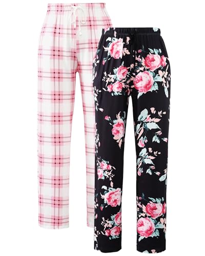 Knuffnee Schlafanzughosen für Damen Lang Karierte Pyjamahose Stretch Freizeithose Weich Schlafhose mit Taschen 2 pack Rosa Kariert/Schwarzer Blume M von Knuffnee
