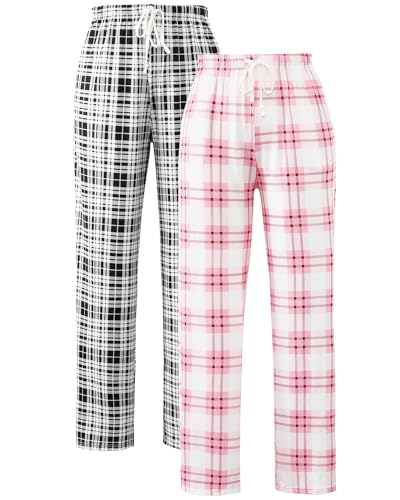Knuffnee Schlafanzughosen für Damen Lang Karierte Pyjamahose Stretch Freizeithose Weich Schlafhose mit Taschen 2 pack Schwarzer Kariert/Rosa Kariert M von Knuffnee