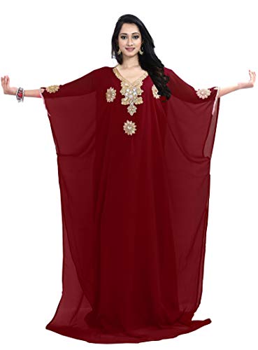 KoC Damen Kleid Dubai Gold Hand Perlen Kaftan Farasha Caftan Maxikleid Abaya - Rot - Einheitsgröße von KoC