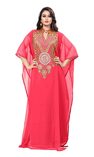 KoC Damen Kleid Dubai Kaftan Farasha Caftan lang Maxikleid Abaya Jalabiya - Pink - Einheitsgröße von KoC