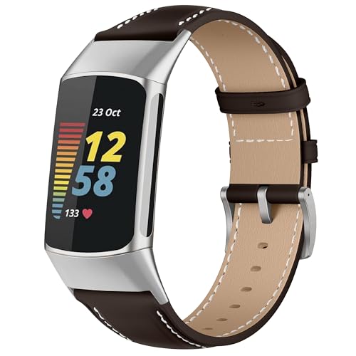 KoGiio Vintage Leder Armband Kompatibel mit Fitbit Charge 6/5, Metallschnalle Atmungsaktiv Ersatzarmband, Herren Damen Ersatz Weich Uhrenarmbänder für Fitbit Charge 5/6 Kaffeefarbe von KoGiio
