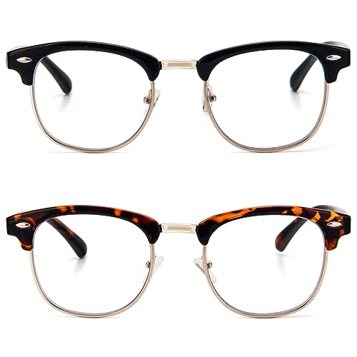 KoKoBin 2er Pack Retro Männer und Frauen runde Lesebrille mit leichtem Anti-Blaulicht Computerbrille Metallrahmen (Schwarz/Leopard, 1) von KoKoBin