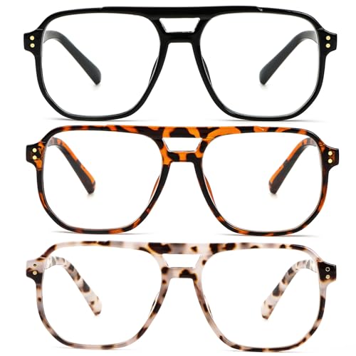 KoKoBin 3 Pack Übergröße Flieger Vintage Lesebrille Herren und Damen Quadratisch Federscharnier lesebrillen Anti Licht Blau Computer Leser (3 Pack, 2, x) von KoKoBin