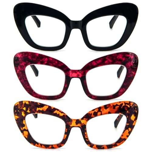 KoKoBin 3 Stück Übergroße Lesebrillen Katzenaugen Damen mit Federscharnieren Computerbrille blockieren Anti-Blaulicht (3er Pack, 1) von KoKoBin