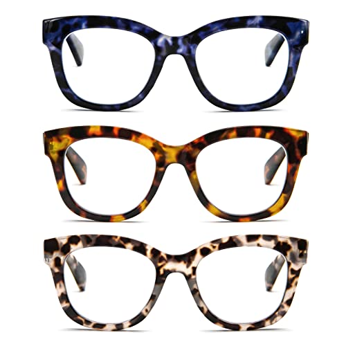 KoKoBin 3er Pack Lesebrille rund Oversize Damen Herren Anti-Licht Blau Computer Reader Feder Reader (Leopard braun + blauer Leopard + grauer Leoparden, 3.5) von KoKoBin