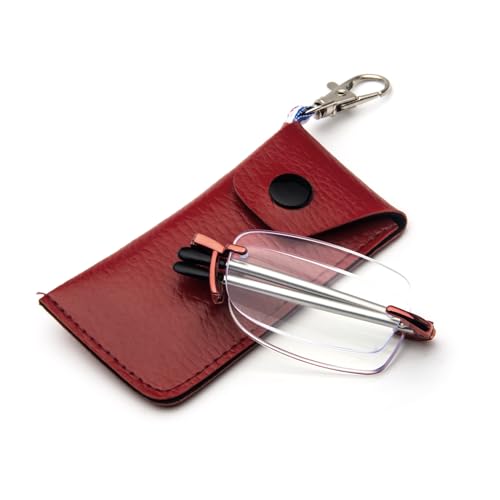 KoKoBin Herren und Damen faltbare randlose Lesebrille mit Teleskopstab und Lederetui Schlüsselanhänger Anti-Blaulicht tragbare Brille (Rot, 2.0) von KoKoBin