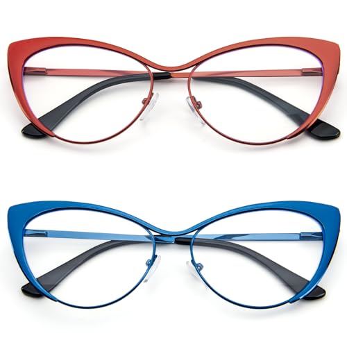 KoKoBin Katzenaugen Lesebrille - 2 Pack Metallrahmen und Federscharnierbrillen mit Anti-Blaulicht, Lesebrillen für Männer und Frauen (2 Pack (blau-rot), 1.5, Dioptrien) von KoKoBin