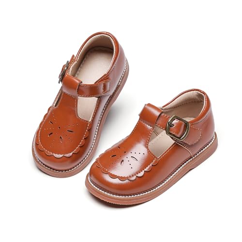 Kolan Todder Kleine Mädchen Oxford Schuhe Mary Jane T-Riemen Schuluniform Partykleid Flache Schuhe, Ke06-brown, 11 Little Kid von KoLan