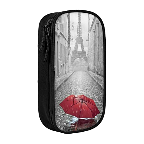 Eiffelturm Paris Street Red Umbrella Pencil Case, Medium Size Pen/Pencil Holder Pouch Bag with Double Zippers for Work,Cute, Schwarz , Einheitsgröße, Koffer von KoNsev