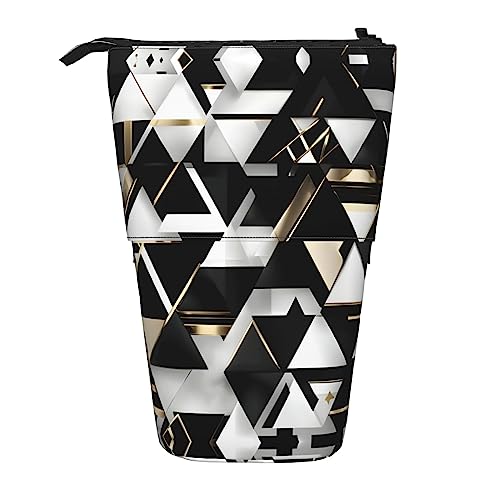 Fashion Modern Schwarz Weiß Gold Dreieck Druck Teleskop Bleistift Tasche Stifthalter Schreibwaren Fall,Stand-Up Retractable Transformator Tasche von KoNsev