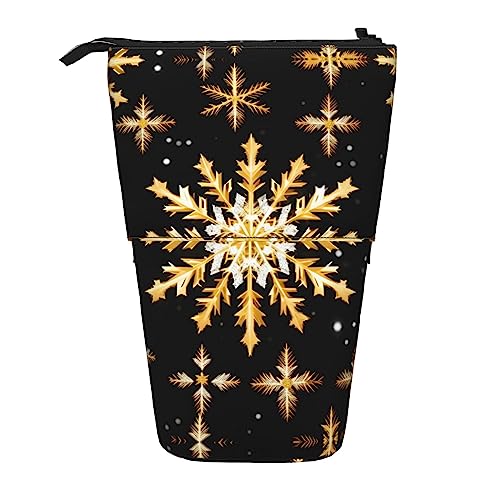 Golden Christmas Snowflake Print Teleskop Bleistift Tasche Stifthalter Schreibwaren Fall,Stand-Up Retractable Transformator Tasche von KoNsev