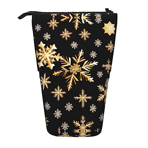 Golden Christmas Snowflakes Print Teleskop Bleistift Tasche Stifthalter Schreibwaren Fall,Stand-Up Retractable Transformator Tasche von KoNsev