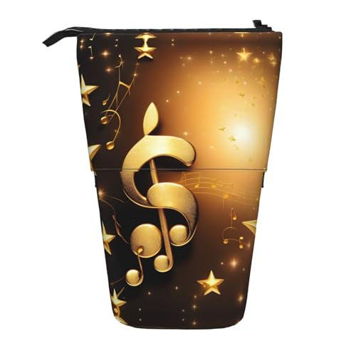 Goldene Musiknoten mit gefallenen glänzenden Sternen, Teleskop-Bleistift-Beutel, Stiftehalter, Schreibwarenetui, Stand-Up Retractable Transformator-Tasche von KoNsev