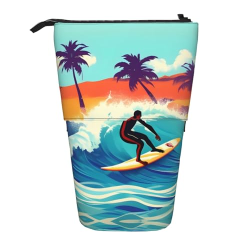 Hawaiianischer Surfer auf gewelltem Druck, teleskopisches Federmäppchen, Stiftehalter, Schreibwarenetui, aufstellbar, einziehbare Transformator-Tasche von KoNsev