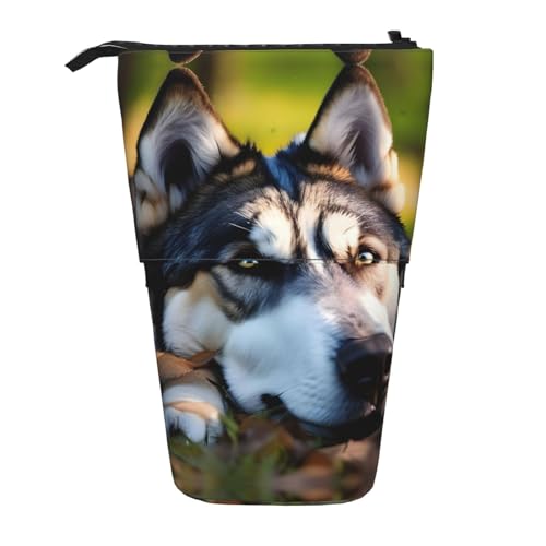 Husky Dog Pattern Print Teleskop Bleistift Tasche Stifthalter Schreibwarenetui, Stand-Up Retractable Transformator Tasche von KoNsev