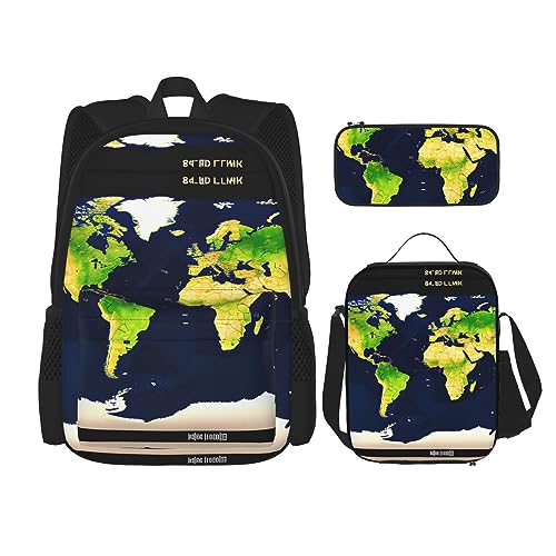 KoNsev 3-teiliges Set Rucksack, wasserdicht, Laptop, isolierte Lunchtasche und Federmäppchen, Reisen, Wandern, Weltkarten-Aufdruck von KoNsev