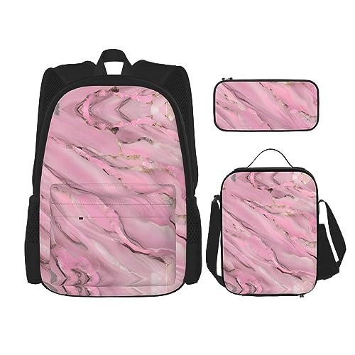 KoNsev Bedruckter Rucksack, 3-teiliges Set, Reisen, Wandern, leicht, Laptop, Federmäppchen, isolierte Lunchtasche für Damen, Meerjungfrauen-Pastellrosa, Aqua, Marmorstruktur, Einheitsgröße von KoNsev