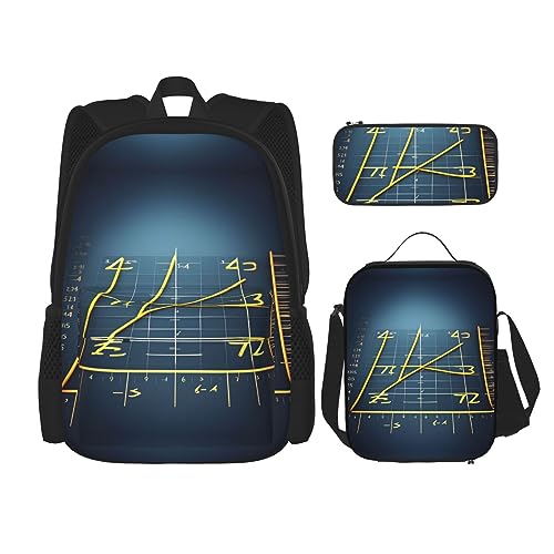 KoNsev Bedruckter Rucksack, 3-teiliges Set, Reisen, Wandern, leicht, Laptop, Federmäppchen, isolierte Lunchtasche für Damen, Meerjungfrauen-Pastellrosa, Aqua, Mathe-Formel, Gelb, Einheitsgröße von KoNsev