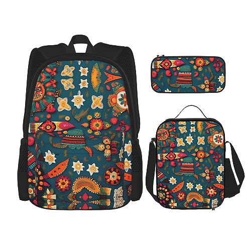 KoNsev Bedruckter Rucksack, 3-teiliges Set, Reisen, Wandern, leicht, Laptop, Federmäppchen, isolierte Lunchtasche für Frauen, moderne Kunstkatzen aus der Mitte des Jahrhunderts, Mexikanischer Folk von KoNsev