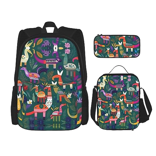 KoNsev Bedruckter Rucksack, 3-teiliges Set, Reisen, Wandern, leicht, Laptop, Federmäppchen, isolierte Lunchtasche für Frauen, moderne Kunstkatzen aus der Mitte des Jahrhunderts, Mexikanisches Otomi von KoNsev