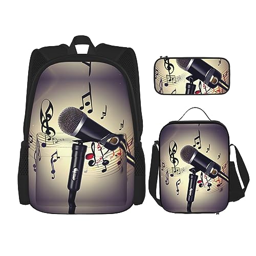 KoNsev Bedruckter Rucksack, 3-teiliges Set, Reisen, Wandern, leicht, Laptop, Federmäppchen, isolierte Lunchtasche für Frauen, moderne Kunstkatzen aus der Mitte des Jahrhunderts, Mikrofon mit von KoNsev