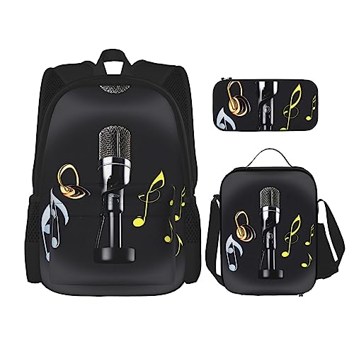 KoNsev Bedruckter Rucksack, 3-teiliges Set, Reisen, Wandern, leicht, Laptop, Federmäppchen, isolierte Lunchtasche für Frauen, moderne Kunstkatzen aus der Mitte des Jahrhunderts, Mikrofon mit von KoNsev