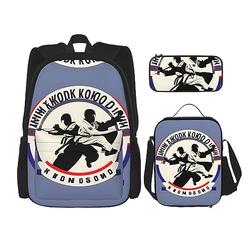 KoNsev Bedruckter Rucksack, 3-teiliges Set, Reisen, Wandern, leicht, Laptop-Federmäppchen, isolierte Lunchtasche für Damen, Blaugrün, Taekwondo-Design., Einheitsgröße von KoNsev