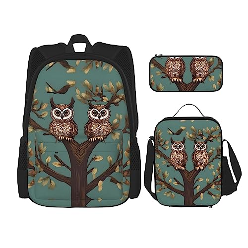 KoNsev Bedruckter Rucksack, 3-teiliges Set, Reisen, Wandern, leicht, Laptop-Federmäppchen, isolierte Lunchtasche für Damen, Eulen auf Ästen, Zweige mit Eulenmotiv, Einheitsgröße von KoNsev