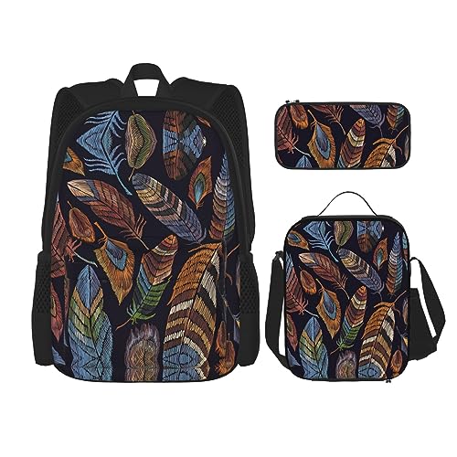 KoNsev Bedruckter Rucksack, 3-teiliges Set, Reisen, Wandern, leicht, Laptop-Federmäppchen, isolierte Lunchtasche für Damen, Pfotenabdruck, Pfauenfeder, Einheitsgröße von KoNsev