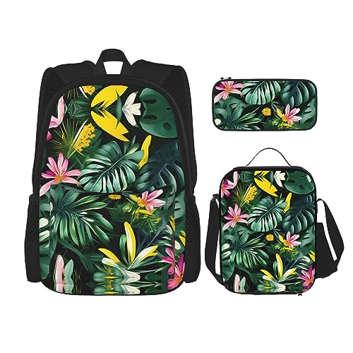 KoNsev Bedruckter Rucksack, 3-teiliges Set, Reisen, Wandern, leicht, Laptop-Federmäppchen, isolierte Lunchtasche für Damen, tropische Sommer-Hawaii-Blume, Palmblätter, Tropische Blätter mit Blumen, von KoNsev