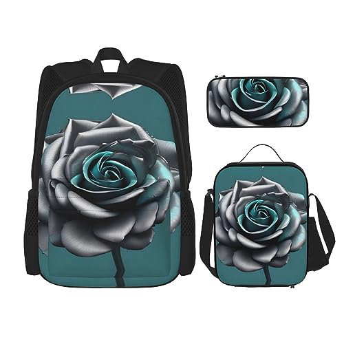 KoNsev Bedruckter Rucksack, 3-teiliges Set, für Reisen, Wandern, leicht, Laptop, Federmäppchen, isolierte Lunchtasche für Damen, Batik-Design, Blaugrüne Rose, Einheitsgröße von KoNsev