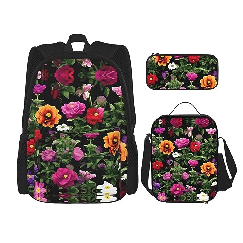 KoNsev Bedruckter Rucksack, 3-teiliges Set, für Reisen, Wandern, leicht, Laptop, Federmäppchen, isolierte Lunchtasche für Damen, Batik-Design, Thug Life Blumen, Einheitsgröße von KoNsev