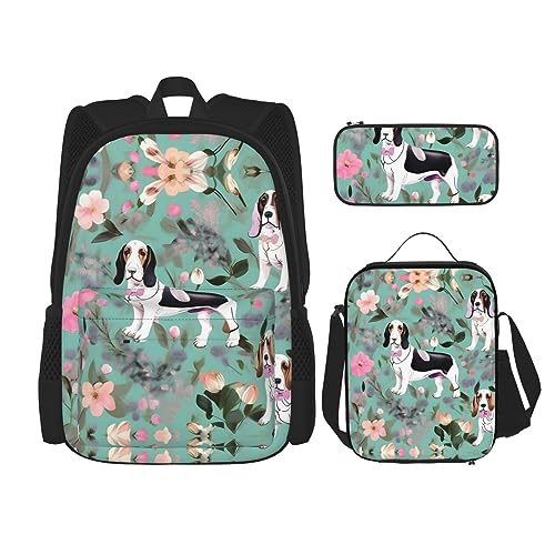 KoNsev Bedruckter Rucksack, 3-teiliges Set, für Reisen, Wandern, leicht, Laptop, Federmäppchen, isolierte Lunchtasche für Damen, Blaugrün, Süßer Basset Hound Blumen., Einheitsgröße von KoNsev