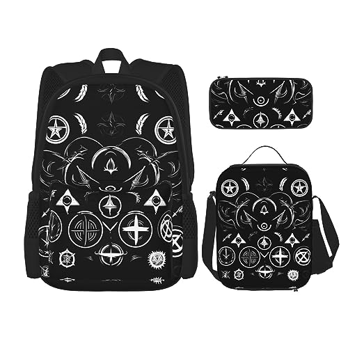 KoNsev Bedruckter Rucksack, 3-teiliges Set, für Reisen, Wandern, leicht, Laptop, Federmäppchen, isolierte Lunchtasche für Damen, Blaugrün, Supernatural Symbole schwarz, Einheitsgröße von KoNsev