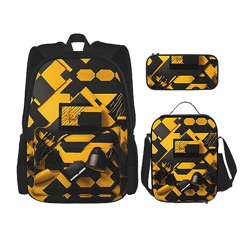 KoNsev Bedruckter Rucksack, 3-teiliges Set, für Reisen, Wandern, leicht, Laptop, Federmäppchen, isolierte Lunchtasche für Damen, Indianeraufdruck, Senfgelb / Schwarz, Einheitsgröße von KoNsev