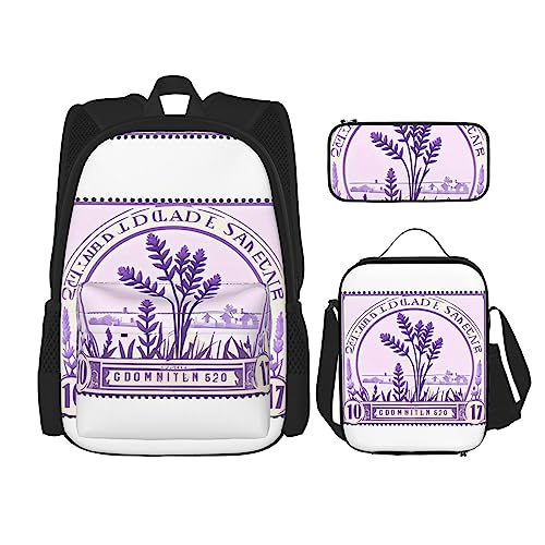 KoNsev Bedruckter Rucksack, 3-teiliges Set, für Reisen, Wandern, leicht, Laptop, Federmäppchen, isolierte Lunchtasche für Damen, Leopardenmuster, Lavendel-Stempel, Einheitsgröße von KoNsev