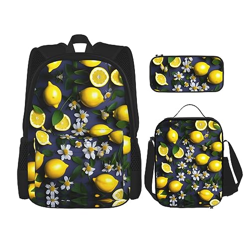 KoNsev Bedruckter Rucksack, 3-teiliges Set, für Reisen, Wandern, leicht, Laptop, Federmäppchen, isolierte Lunchtasche für Damen, Leopardenmuster, Zitrone und Blume, Einheitsgröße von KoNsev